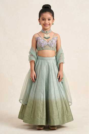 Damoiselle Floral Embroidered Green Lehenga Set For Kids