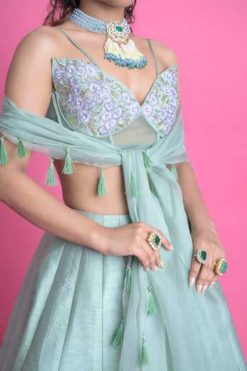 Damoiselle_Green Shantoon, Georgette Net Floral, Thread Embroidered Lehenga Set For Kids_Online_at_Aza_Fashions