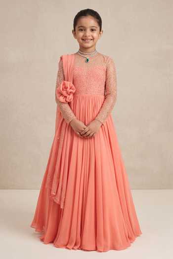 Damoiselle Peach Sequined Anarkali Set With Dupatta For Kids