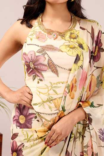 Damoiselle Ivory Dori Bloom Printed Saree With Blouse For Kids Online at Aza Fashions Damoiselle_Ivory Dori Bloom Printed Saree With Blouse For Kids_Online_at_Aza_Fashions