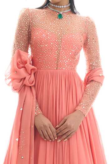 Damoiselle_Peach Shantoon, Georgette Net Sequins Anarkali Set With Dupatta For Kids_Online_at_Aza_Fashions