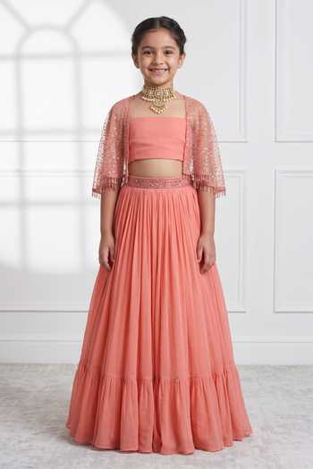 Damoiselle Floral Embroidered Cape & Lehenga Set For Kids