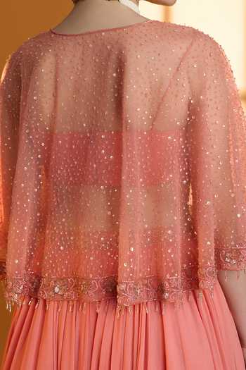 Damoiselle Floral Embroidered Cape & Lehenga Set For Kids