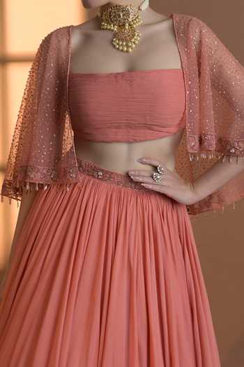 Damoiselle_Peach Shantoon, Georgette Net Floral, Sequins, Embroidered Cape And Lehenga Set For Kids_Online_at_Aza_Fashions