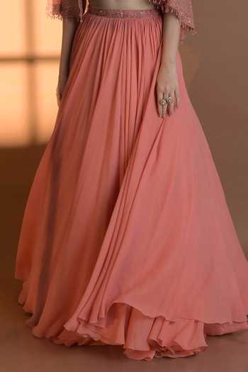 Buy Damoiselle Peach Shantoon, Georgette Net Floral, Sequins, Embroidered Cape And Lehenga Set For Kids Online at Aza Fashions Buy_Damoiselle_Peach Shantoon, Georgette Net Floral, Sequins, Embroidered Cape And Lehenga Set For Kids_Online_at_Aza_Fashions
