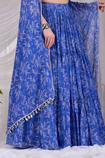 Damoiselle_Blue Dori Neel Printed Lehenga Set For Kids_Online_at_Aza_Fashions