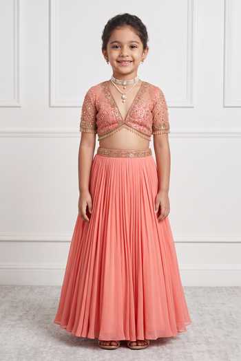 Damoiselle Peach Floral Embroidered Blouse & Lehenga Set For Kids