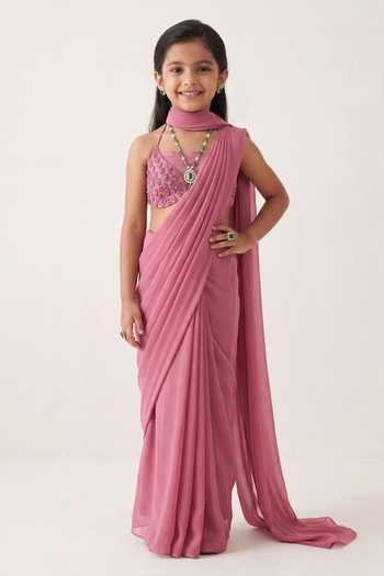 Damoiselle Floral Beaded Blouse & Pre-Draped Saree For Kids