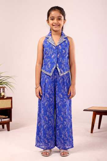 Damoiselle Dori Lapis Printed Jacket Palazzo Set For Kids