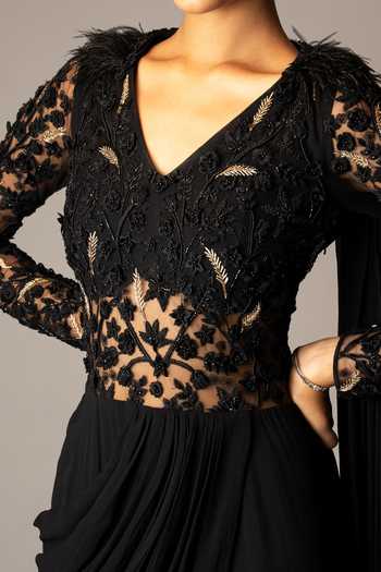 Vivek Patel_Black Georgette Dori, Resham, 3d Flower, Embellished Yoke Draped Saree Gown For Kids_Online_at_Aza_Fashions