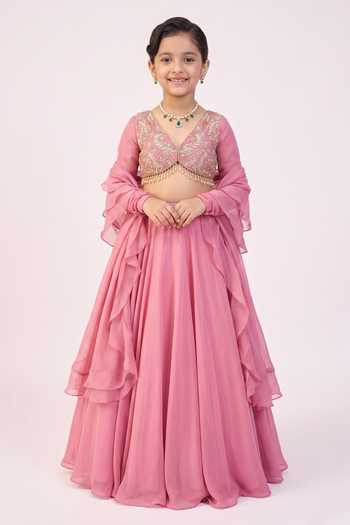 Damoiselle Hand Embroidered Blouse & Lehenga Set For Kids