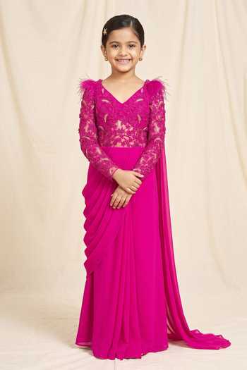 Vivek Patel 3D Embroidered Fuchsia Saree Gown For Kids
