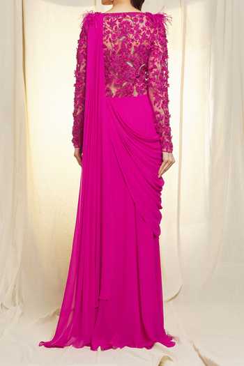 Vivek Patel 3D Embroidered Fuchsia Saree Gown For Kids