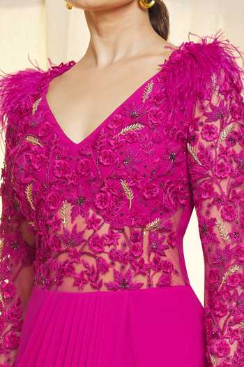 Vivek Patel Fuchsia Georgette Applique, Beads, 3d Resham Dori, Embroidered Saree Gown For Kids Online at Aza Fashions Vivek Patel_Fuchsia Georgette Applique, Beads, 3d Resham Dori, Embroidered Saree Gown For Kids_Online_at_Aza_Fashions
