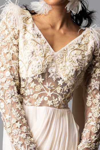 Vivek Patel Ivory Georgette Beads, Cutout Flower, Cocktail Hand Embroidered Saree Gown For Kids Online at Aza Fashions Vivek Patel_Ivory Georgette Beads, Cutout Flower, Cocktail Hand Embroidered Saree Gown For Kids_Online_at_Aza_Fashions