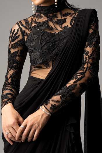 Vivek Patel Black Georgette Resham, Sequin, Bead Embellished Yoke Saree Gown For Kids Online at Aza Fashions Vivek Patel_Black Georgette Resham, Sequin, Bead Embellished Yoke Saree Gown For Kids_Online_at_Aza_Fashions