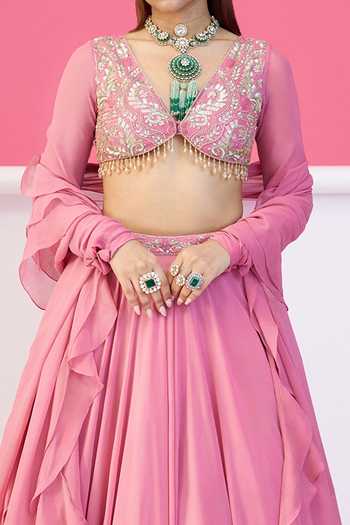 Damoiselle Pink Shantoon, Georgette Net Sequins, Hand Embroidered Blouse And Lehenga Set For Kids Online at Aza Fashions Damoiselle_Pink Shantoon, Georgette Net Sequins, Hand Embroidered Blouse And Lehenga Set For Kids_Online_at_Aza_Fashions