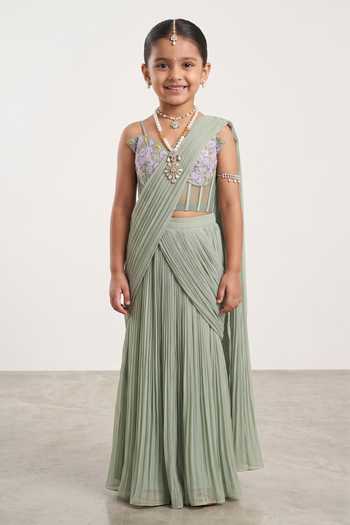 Damoiselle Floral Thread Embroidered Pre-Draped Saree For Kids