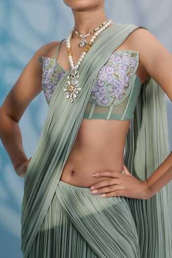 Damoiselle_Green Cotton Lycra, Shantoon, Georgette Net Floral, Embroidered Pre-draped Saree For Kids_Online_at_Aza_Fashions