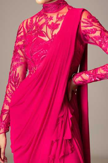 Vivek Patel_Fuchsia Georgette Resham, Sequin, Bead Embellished Saree Gown For Kids_Online_at_Aza_Fashions
