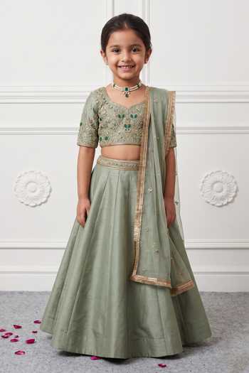 Damoiselle Glided Sage Embroidered Blouse Lehenga Set For Kids