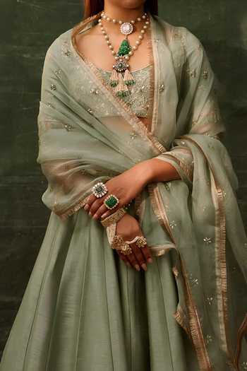 Damoiselle Green Shantoon, Georgette Net Floral, Glided Sage Embroidered Blouse Lehenga Set For Kids Online at Aza Fashions Damoiselle_Green Shantoon, Georgette Net Floral, Glided Sage Embroidered Blouse Lehenga Set For Kids_Online_at_Aza_Fashions