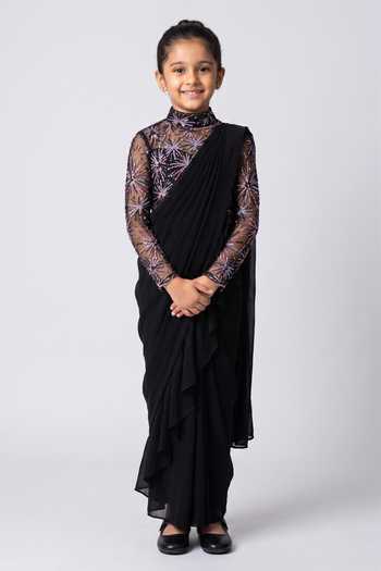 Vivek Patel Black Sequin Embellished Pre-Draped Saree Gown For Kids