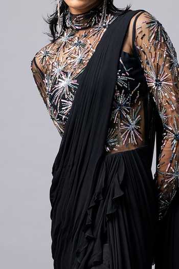 Vivek Patel Black Georgette Pearl, Sequin, Glass, Moti Embellished Pre-draped Saree Gown For Kids Online at Aza Fashions Vivek Patel_Black Georgette Pearl, Sequin, Glass, Moti Embellished Pre-draped Saree Gown For Kids_Online_at_Aza_Fashions