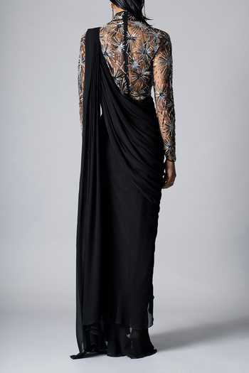 Vivek Patel Black Sequin Embellished Pre-Draped Saree Gown For Kids