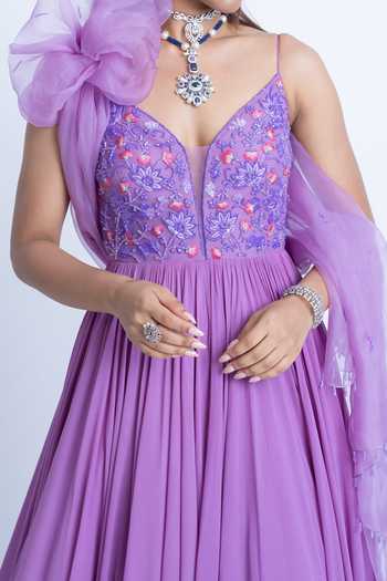 Damoiselle Purple Net, Georgette, Shantoon Sequin, Embroidered Anarkali Set With Dupatta For Kids Online at Aza Fashions Damoiselle_Purple Net, Georgette, Shantoon Sequin, Embroidered Anarkali Set With Dupatta For Kids_Online_at_Aza_Fashions