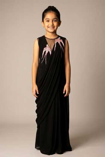 Vivek Patel Black Embroidered Pre-Draped Saree Gown For Kids