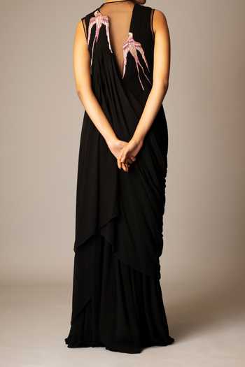 Vivek Patel Black Embroidered Pre-Draped Saree Gown For Kids