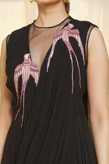 Vivek Patel_Black Georgette Beads Embroidered Pre-draped Saree Gown For Kids_Online_at_Aza_Fashions