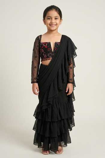 Damoiselle Black Embroidered Pre-Draped Ruffle Saree Set For Kids