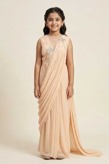 Vivek Patel Beige Hand Embroidered Pre-Draped Saree Gown For Kids
