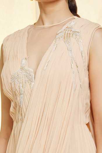 Vivek Patel Beige Georgette Beads Hand Embroidered Pre-draped Saree Gown For Kids Online at Aza Fashions Vivek Patel_Beige Georgette Beads Hand Embroidered Pre-draped Saree Gown For Kids_Online_at_Aza_Fashions