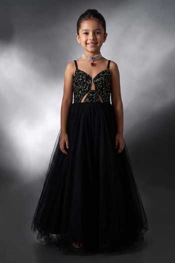 Damoiselle Cutwork Embroidered Black Anarkali Set For Kids