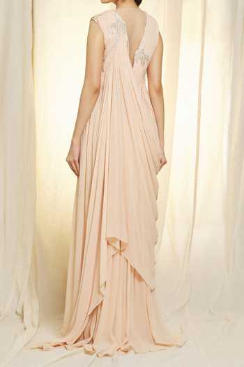 Vivek Patel Beige Hand Embroidered Pre-Draped Saree Gown For Kids