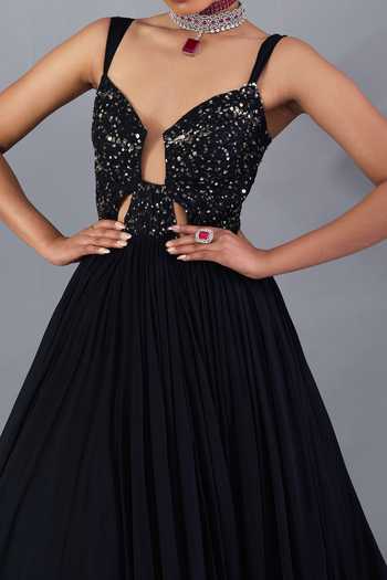 Damoiselle_Black Net, Georgette, Shantoon Sequin, Beads Cutwork Embroidered Anarkali Set For Kids_Online_at_Aza_Fashions