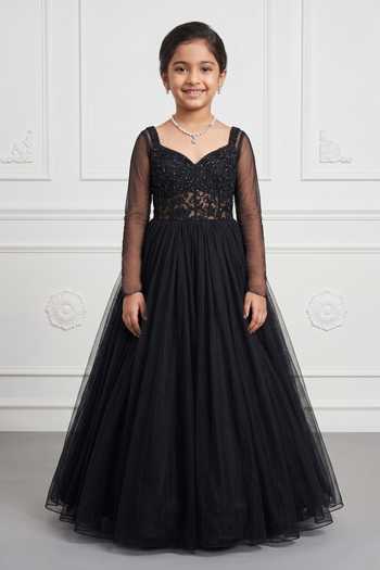 Damoiselle Floral Embroidered Black Anarkali Set For Kids