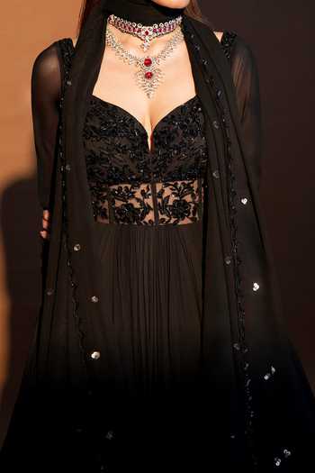 Damoiselle Black Net, Georgette, Shantoon Sequin, Beads Floral Embroidered Anarkali Set For Kids Online at Aza Fashions Damoiselle_Black Net, Georgette, Shantoon Sequin, Beads Floral Embroidered Anarkali Set For Kids_Online_at_Aza_Fashions