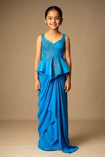 Vivek Patel Nysa Peplum Top & Draped Skirt Set For Kids