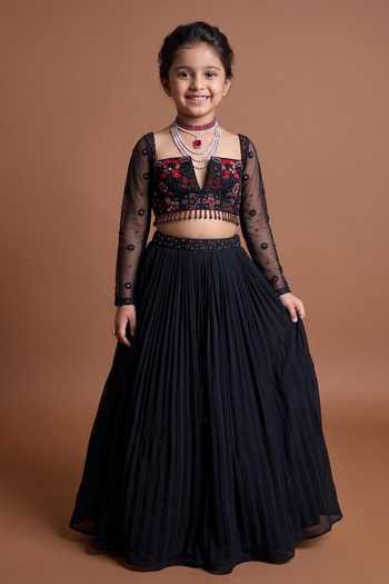 Damoiselle Black Embroidered Lehenga Set For Kids