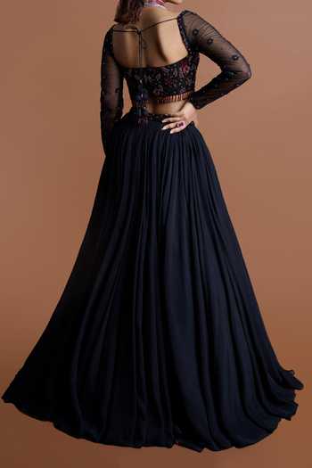 Damoiselle Black Embroidered Lehenga Set For Kids