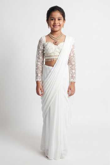Damoiselle Embroidered Ivory Pre-Draped Ruffle Saree Set For Kids
