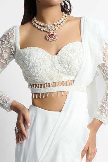 Damoiselle_Ivory Georgette, Cotton Lycra, Shantoon Embroidered Pre-draped Ruffle Saree Set For Kids_Online_at_Aza_Fashions
