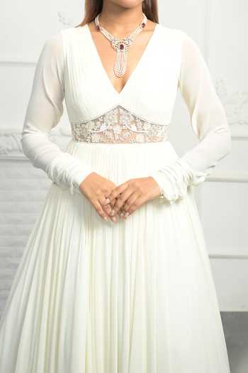 Damoiselle_Ivory Net, Georgette, Shantoon Sequin, Embroidered Anarkali Set With Dupatta For Kids_Online_at_Aza_Fashions