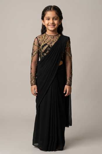 Vivek Patel 3D Embroidered Black Saree Gown For Kids