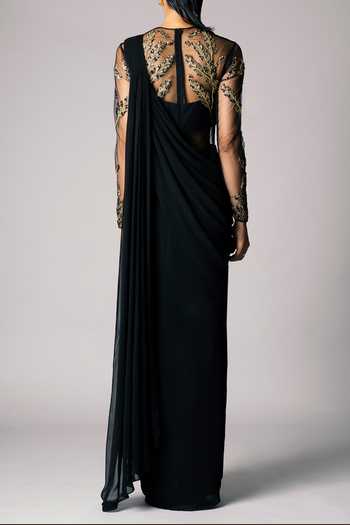 Vivek Patel 3D Embroidered Black Saree Gown For Kids