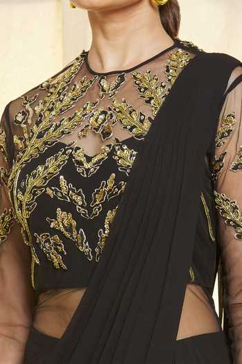 Vivek Patel_Black Georgette Sequins, Beads, Threads 3d Embroidered Saree Gown For Kids_Online_at_Aza_Fashions